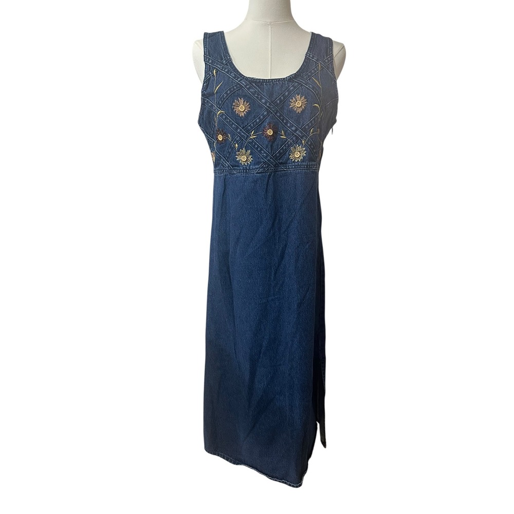 Vintage Amilano Denim Split Dress‎ 90's Cottagecore Floral Embroidered Sz S